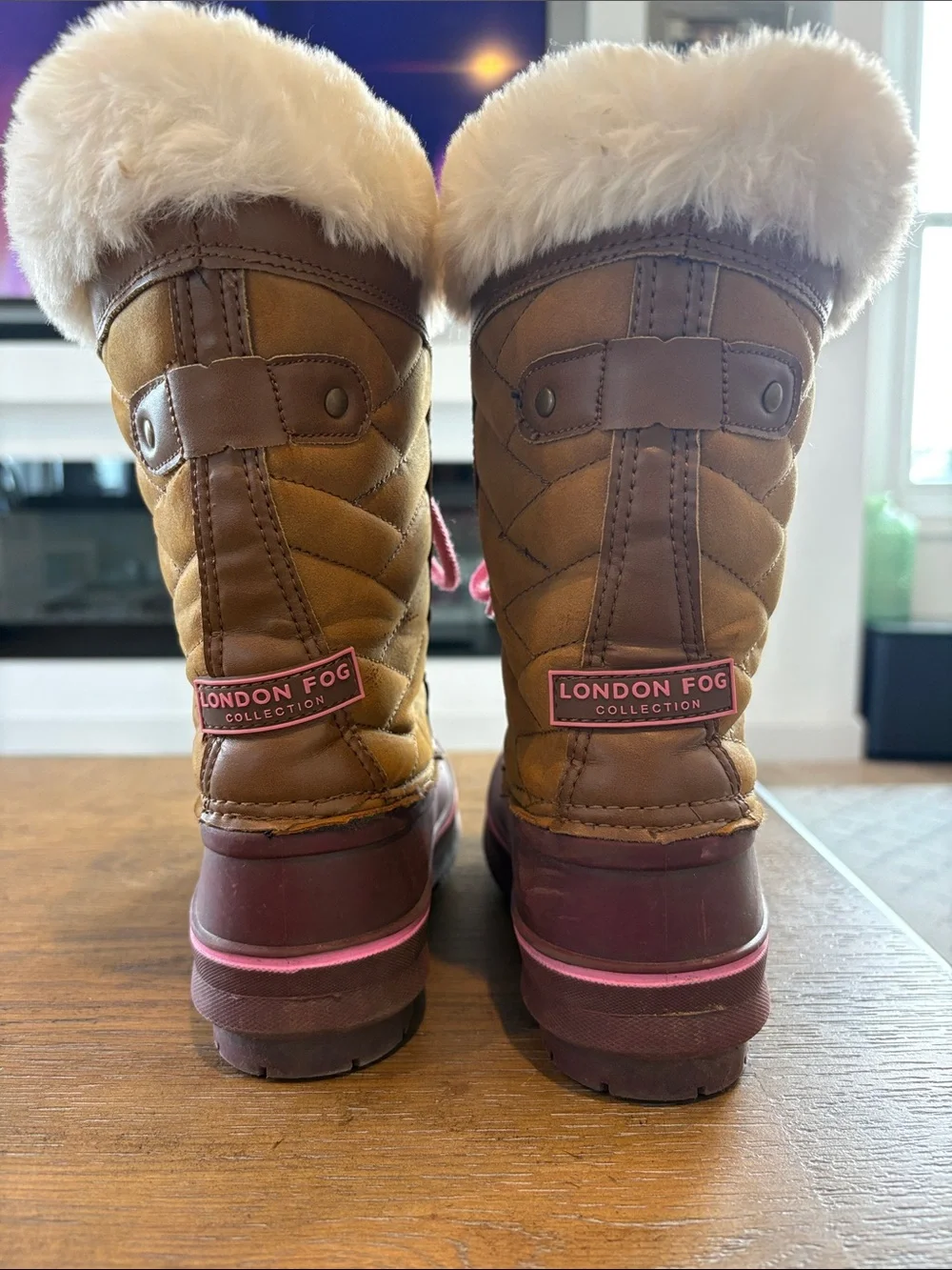 London Fog Brown Winter Duck Boots with Pink Laces and Trim